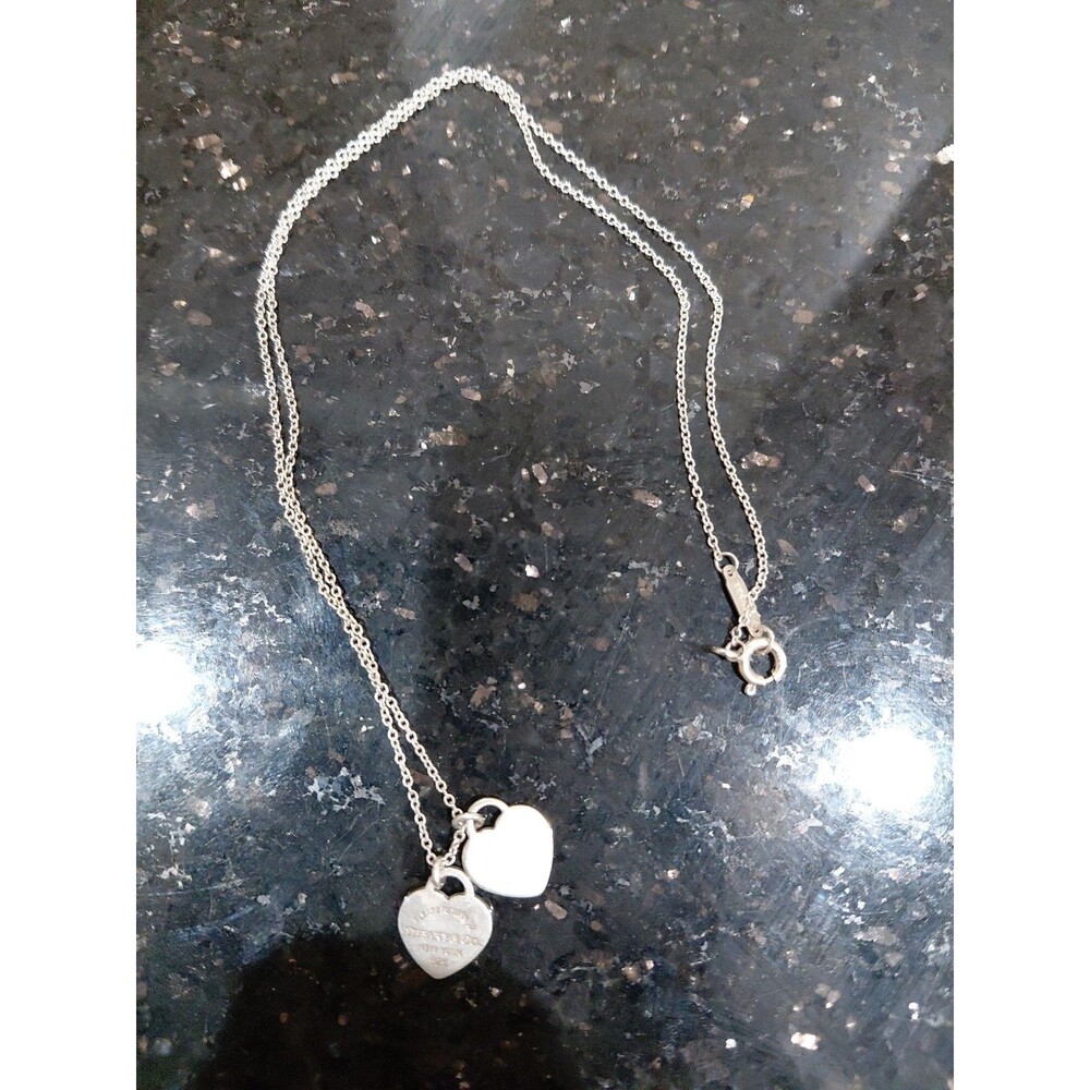 Tiffany & Co 925 Silver Double Heart Tag Pendant Womens  Necklace